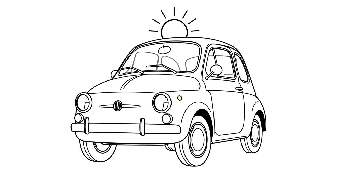 Un dibujo lineal en blanco y negro de un coche de policía Fiat 500 con una baliza policial en la parte superior y líneas que irradian luz.
