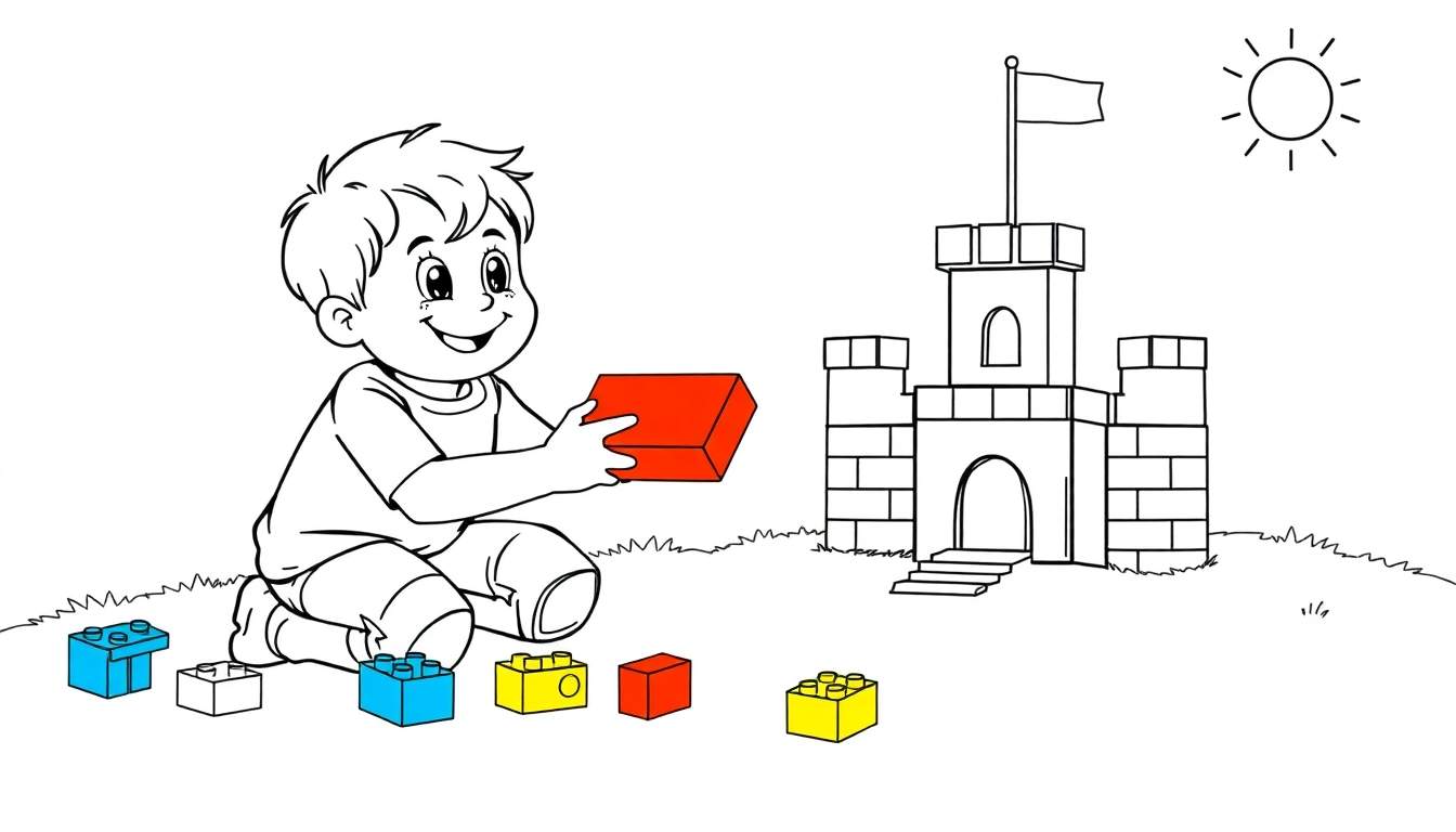 Niño sonriente jugando con bloques de construcción, con un castillo y un sol en el fondo, una imagen con placa de color.