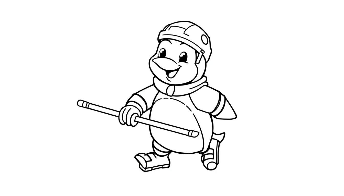 Un pingüino de dibujos animados con equipo de hockey, listo para jugar.