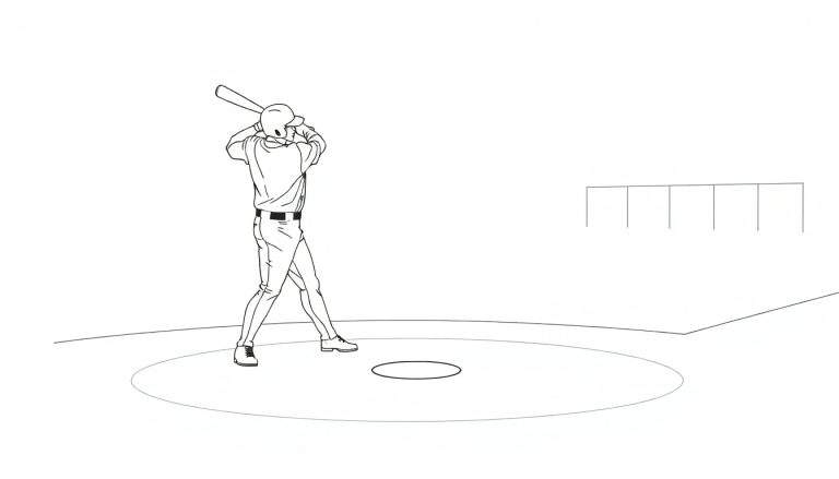 Un bateador de béisbol en la placa de bateo, listo para golpear una pelota. Dibujo lineal en blanco y negro visto desde atrás, con una valla de campo al fondo.