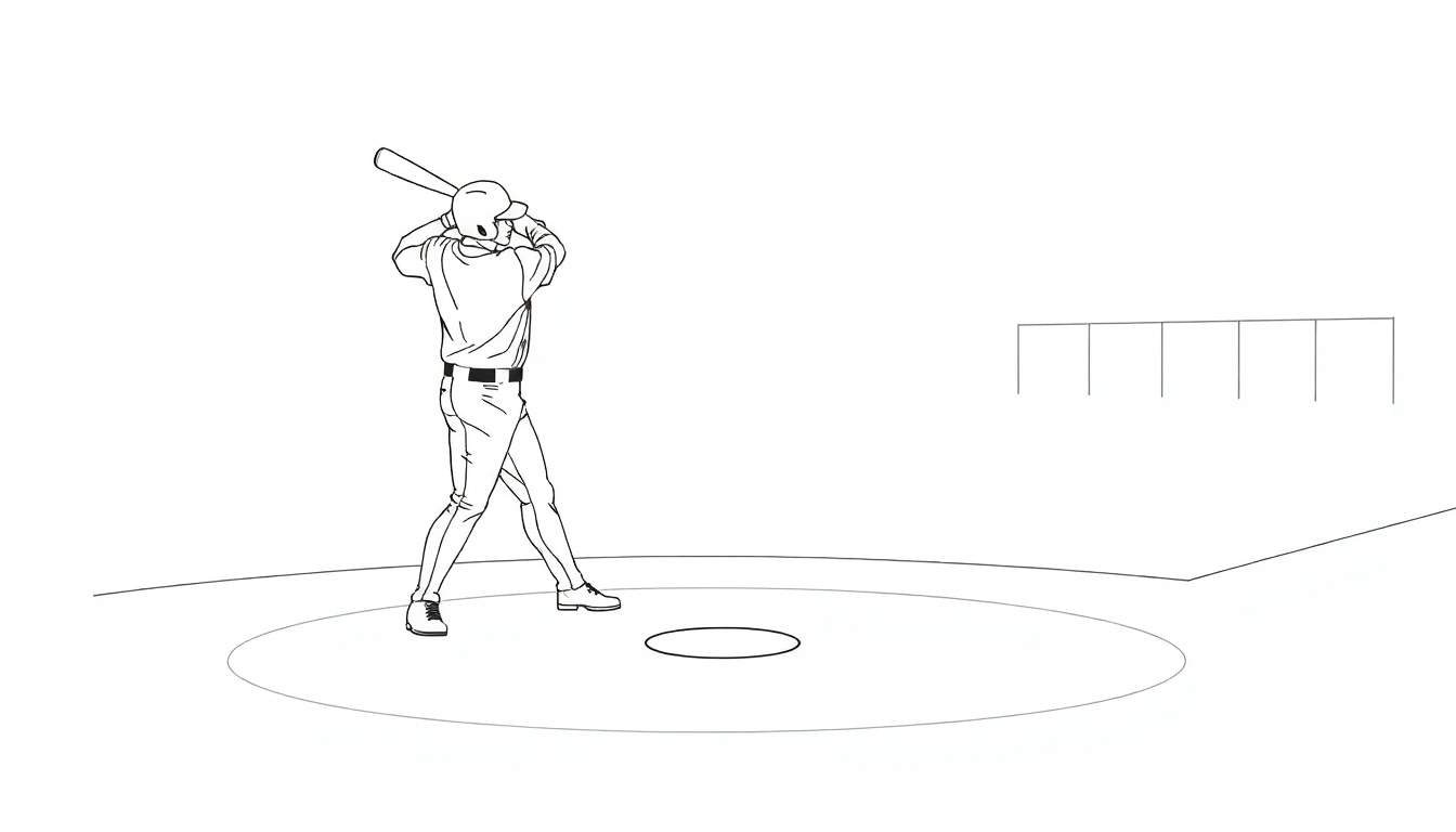 Un bateador de béisbol en la placa de bateo, listo para golpear una pelota. Dibujo lineal en blanco y negro visto desde atrás, con una valla de campo al fondo.