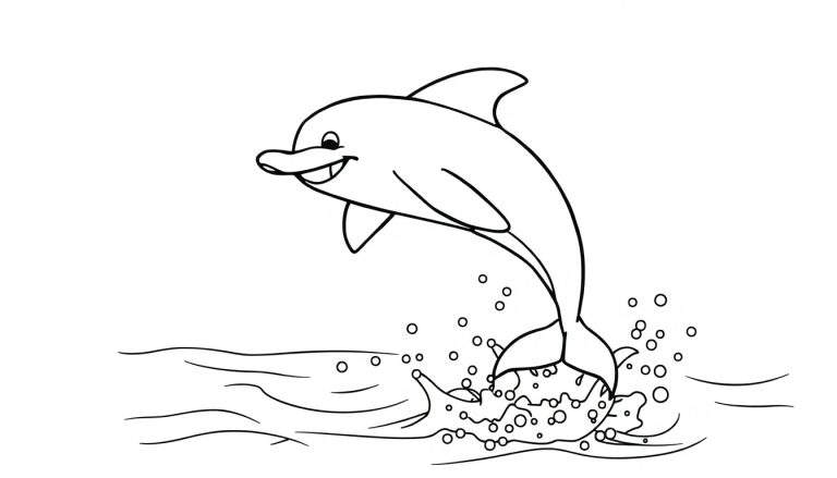Un dibujo lineal de un delfín sonriente saltando fuera del agua azul.