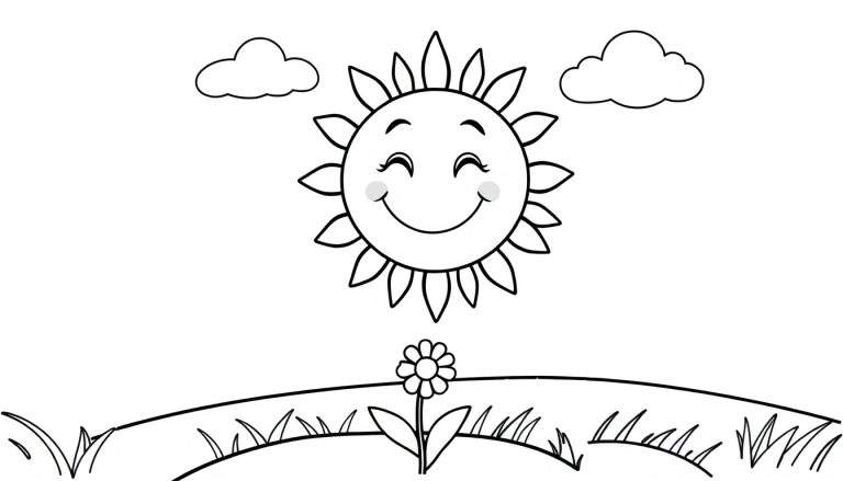 Placa de color de un sol sonriente con rayos, nubes esponjosas y una flor en un campo.