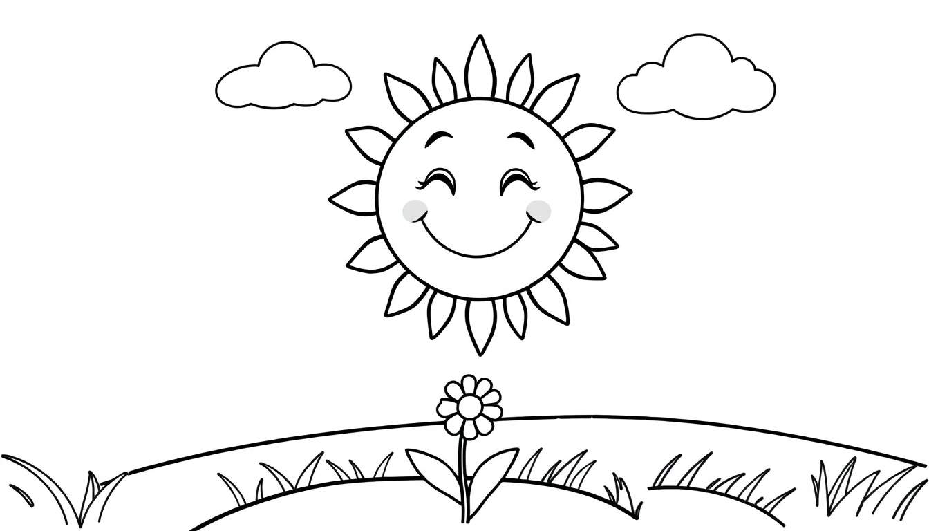 Placa de color de un sol sonriente con rayos, nubes esponjosas y una flor en un campo.