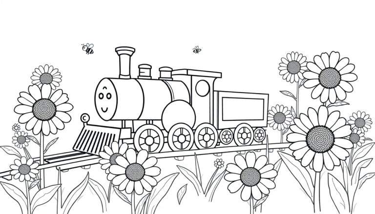 Un tren de vapor amigable para colorear con flores y abejas, una placa de color divertida.