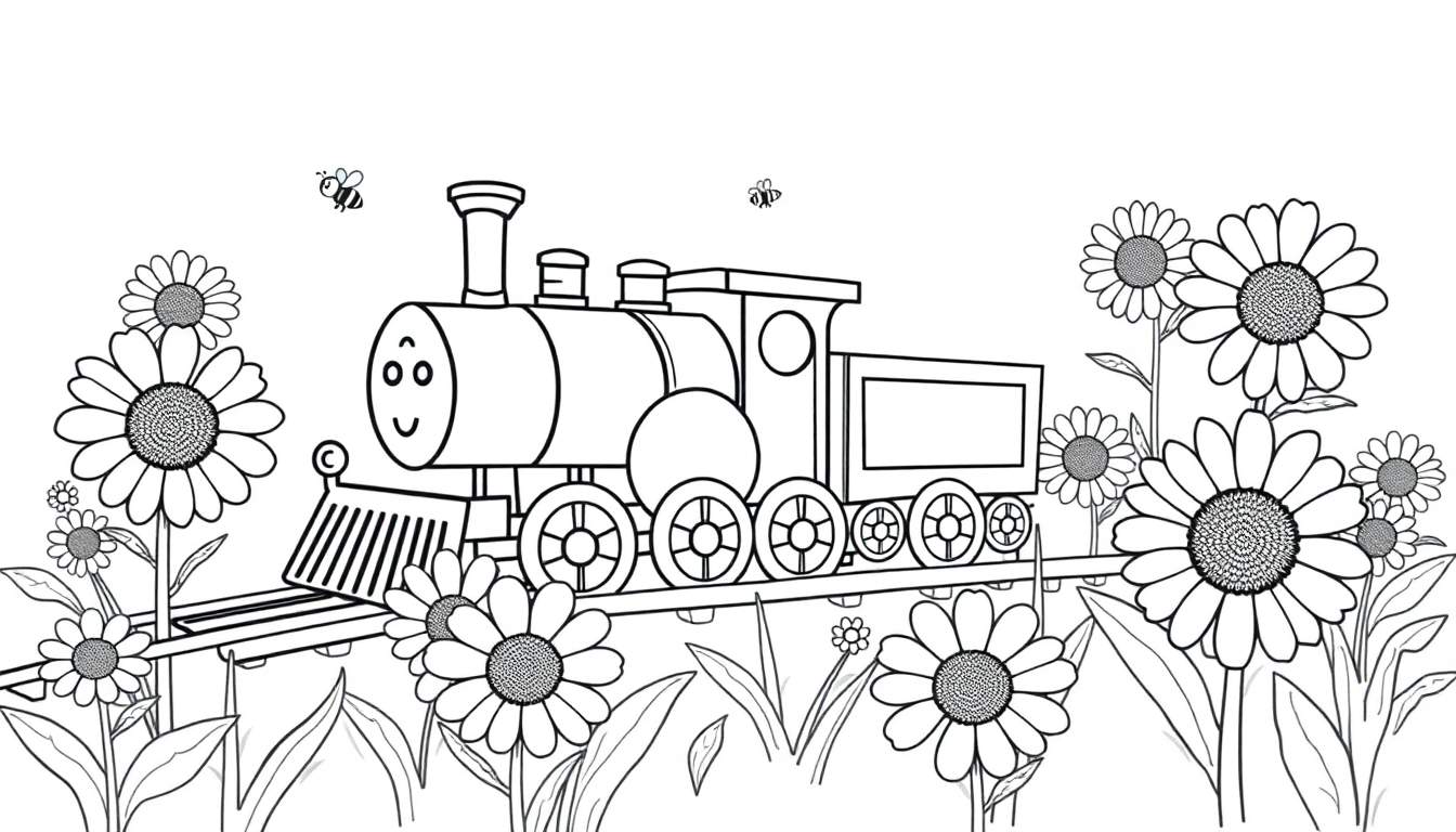Un tren de vapor amigable para colorear con flores y abejas, una placa de color divertida.