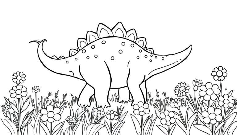 Estegosaurio en blanco y negro listo para colorear, rodeado de flores con sus placas dorsales y cola con espinas visibles.
