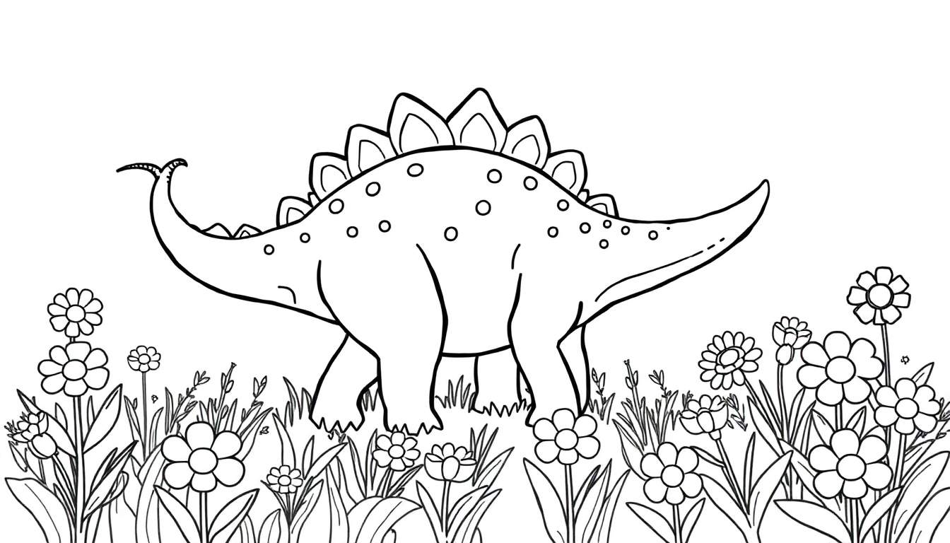 Estegosaurio en blanco y negro listo para colorear, rodeado de flores con sus placas dorsales y cola con espinas visibles.