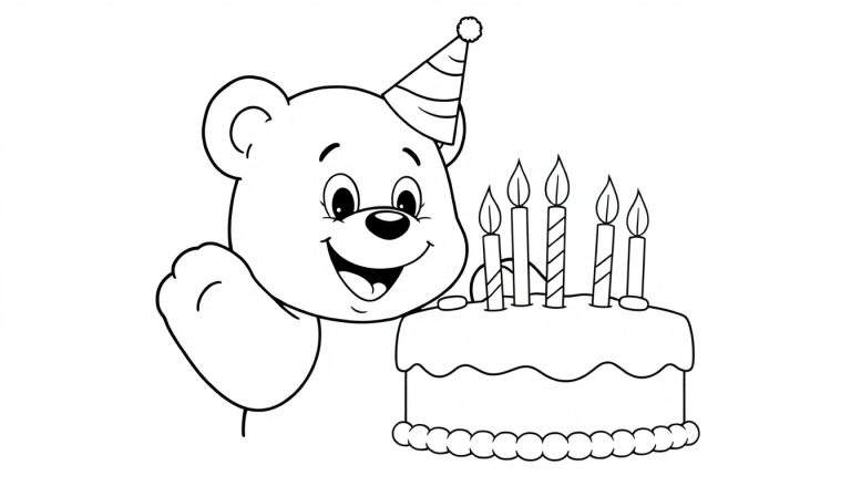 Un oso de dibujos animados con un gorro de fiesta soplando las velas de una placa de color de pastel de cumpleaños.