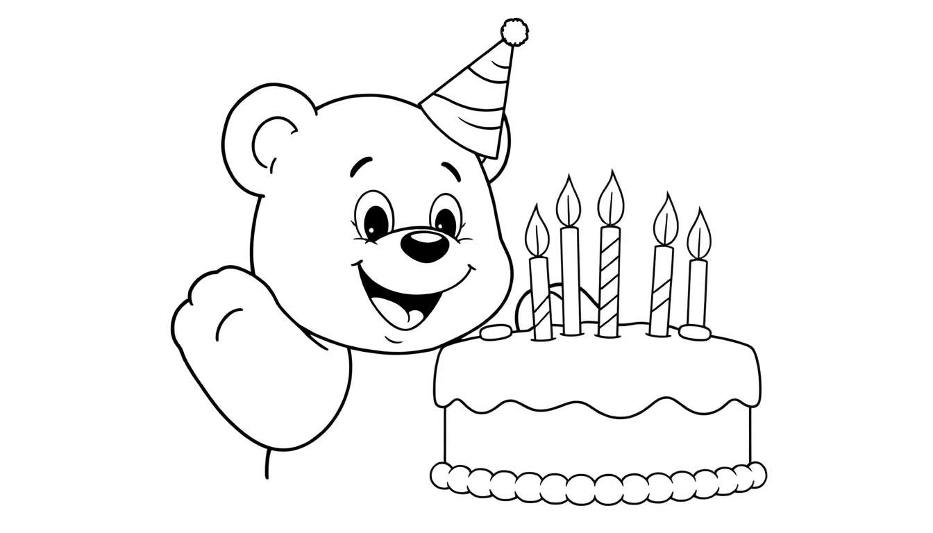 Un oso de dibujos animados con un gorro de fiesta soplando las velas de una placa de color de pastel de cumpleaños.