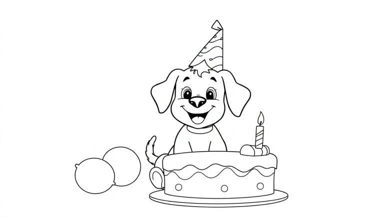 Placa de color de un perrito con gorro de fiesta celebrando su cumpleaños con pastel y globos.