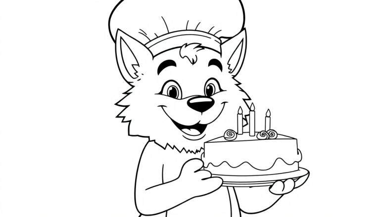 Página para colorear de un lobo chef con un pastel.