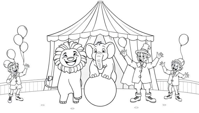Placa de color de circo con león, elefante, payasos y globos.
