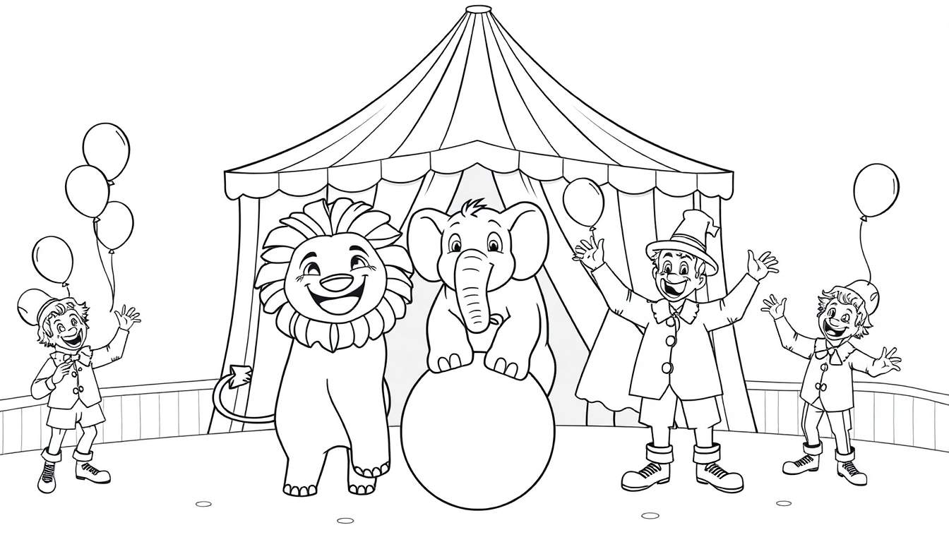 Placa de color de circo con león, elefante, payasos y globos.