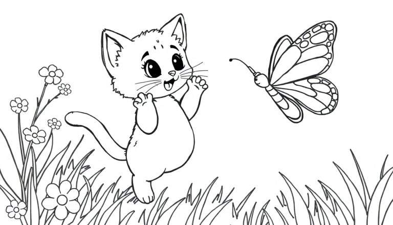Placa de color de un gatito juguetón persiguiendo una mariposa en un jardín.