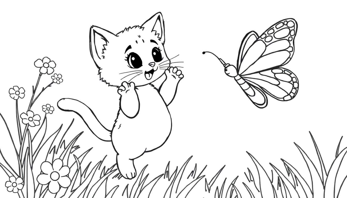 Placa de color de un gatito juguetón persiguiendo una mariposa en un jardín.