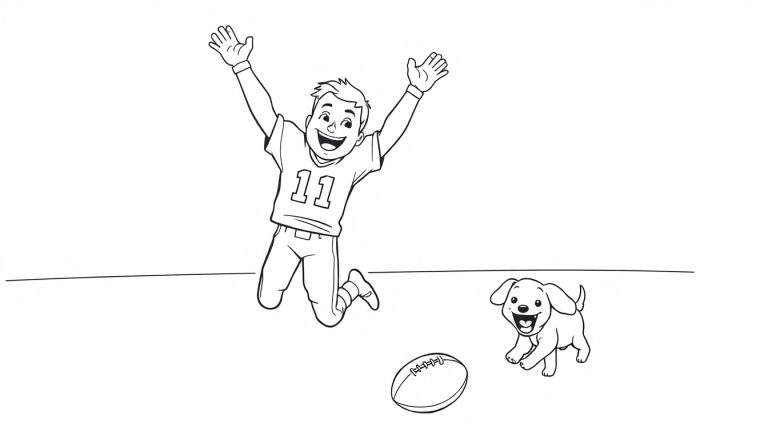 Un niño con una camiseta con el número 11 celebrando un touchdown con un perrito a su lado, todo en una placa de color.