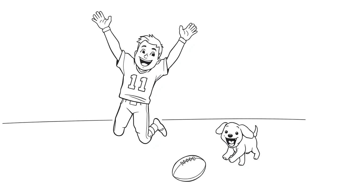 Un niño con una camiseta con el número 11 celebrando un touchdown con un perrito a su lado, todo en una placa de color.