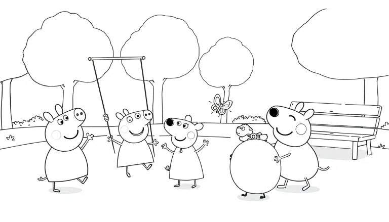 Peppa Pig y amigos jugando en el parque, listo para colorear en la placa de color.