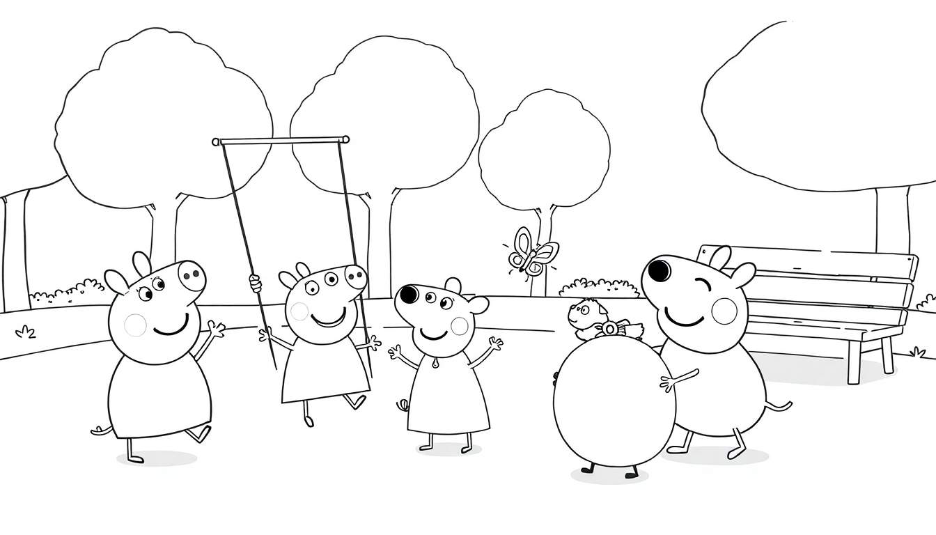 Peppa Pig y amigos jugando en el parque, listo para colorear en la placa de color.