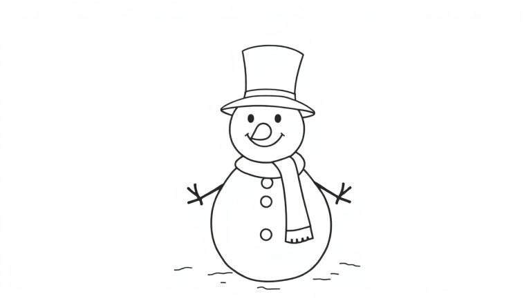 Placa de color de un muñeco de nieve amigable con sombrero de copa y bufanda.
