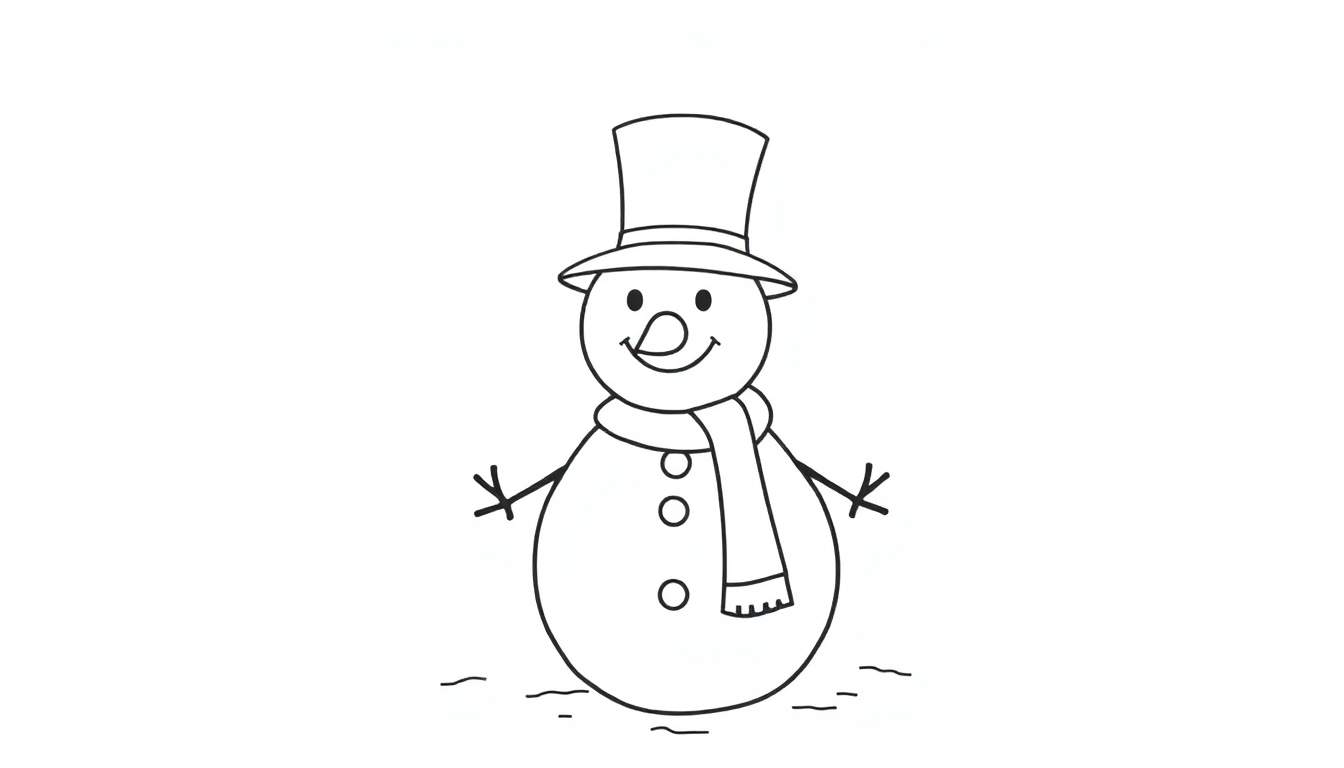 Placa de color de un muñeco de nieve amigable con sombrero de copa y bufanda.