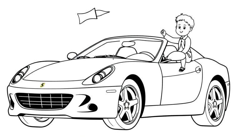 Un niño sonriente saluda desde un coche deportivo descapotable para colorear en una placa de color.