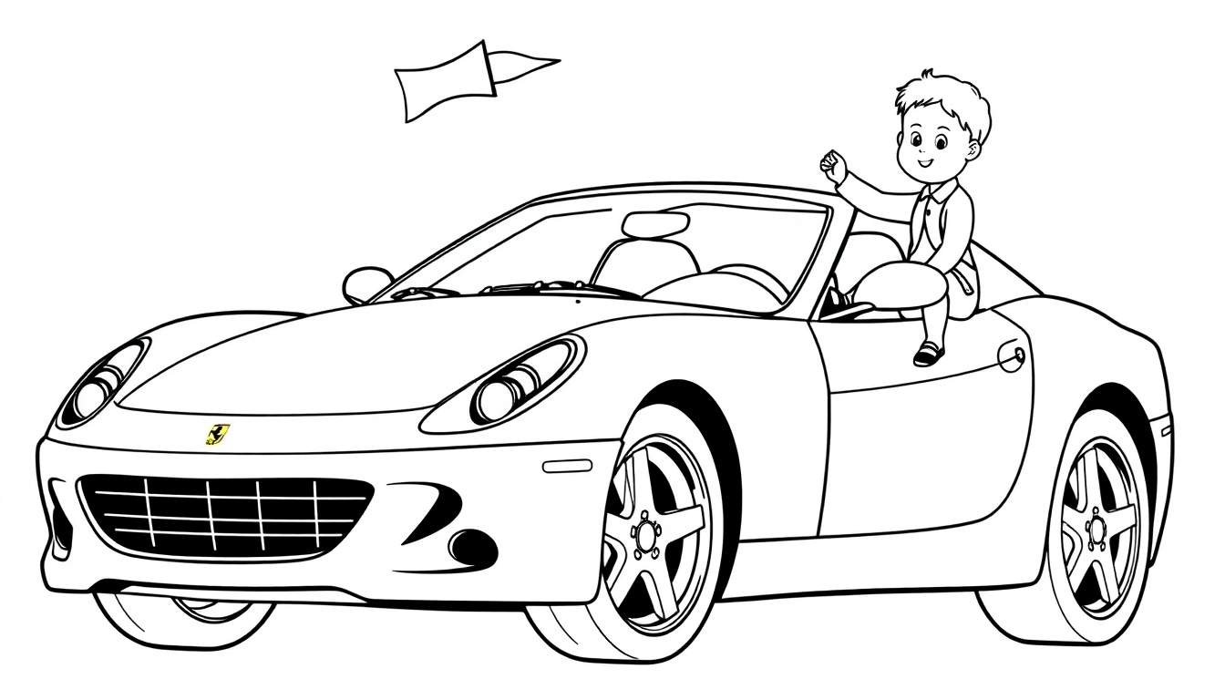 Un niño sonriente saluda desde un coche deportivo descapotable para colorear en una placa de color.