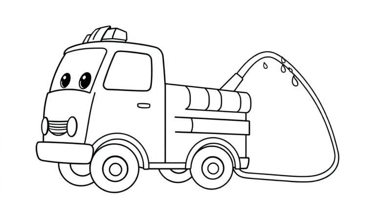 Un camión de bomberos de dibujos animados amigable para colorear, con una manguera rociando agua, listo para una placa de color.