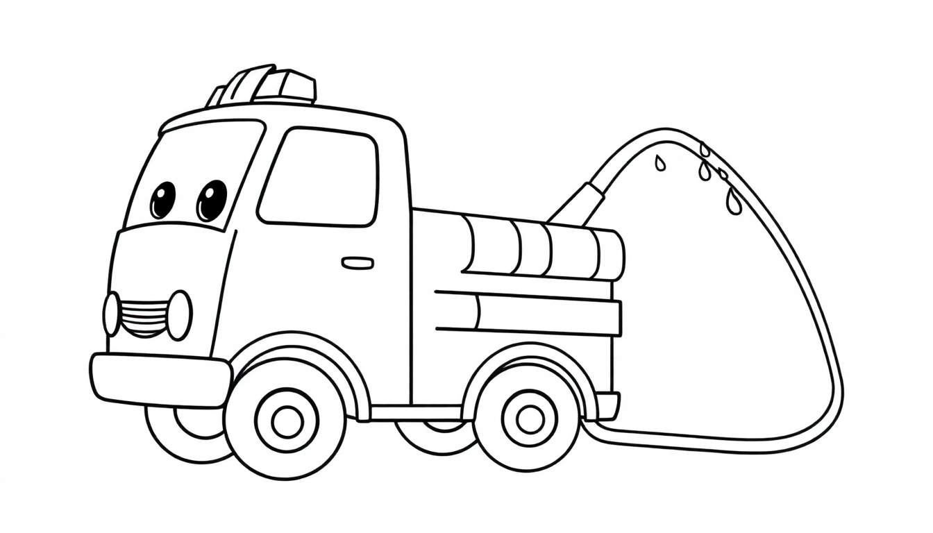 Un camión de bomberos de dibujos animados amigable para colorear, con una manguera rociando agua, listo para una placa de color.