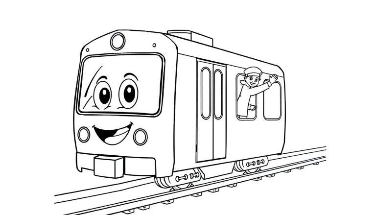 Un tren amigable en una página para colorear, con espacio para la placa de color.