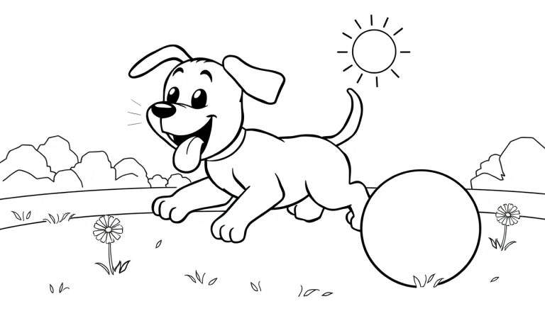 Placa de color de un cachorro feliz saltando hacia una pelota bajo un sol brillante.
