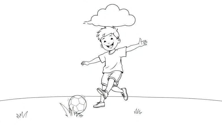 Placa de color de un niño sonriente pateando un balón de fútbol.