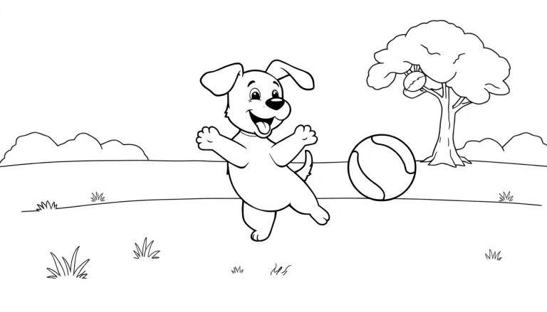 Una placa para colorear de un perrito feliz persiguiendo una pelota bajo un árbol.