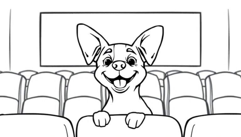 Un perro sonriente en blanco y negro, listo para colorear, sentado en la primera fila de un cine.