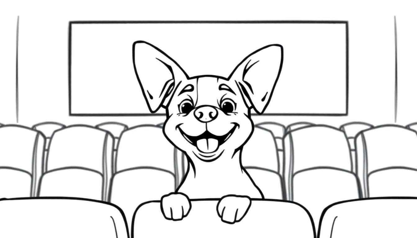 Un perro sonriente en blanco y negro, listo para colorear, sentado en la primera fila de un cine.