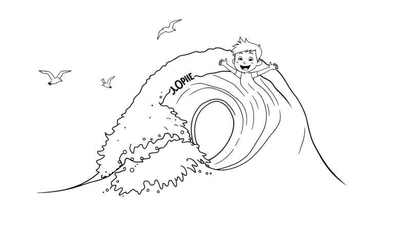 Un niño feliz llamado Joppie surfeando una gran ola con las gaviotas volando en el cielo.
