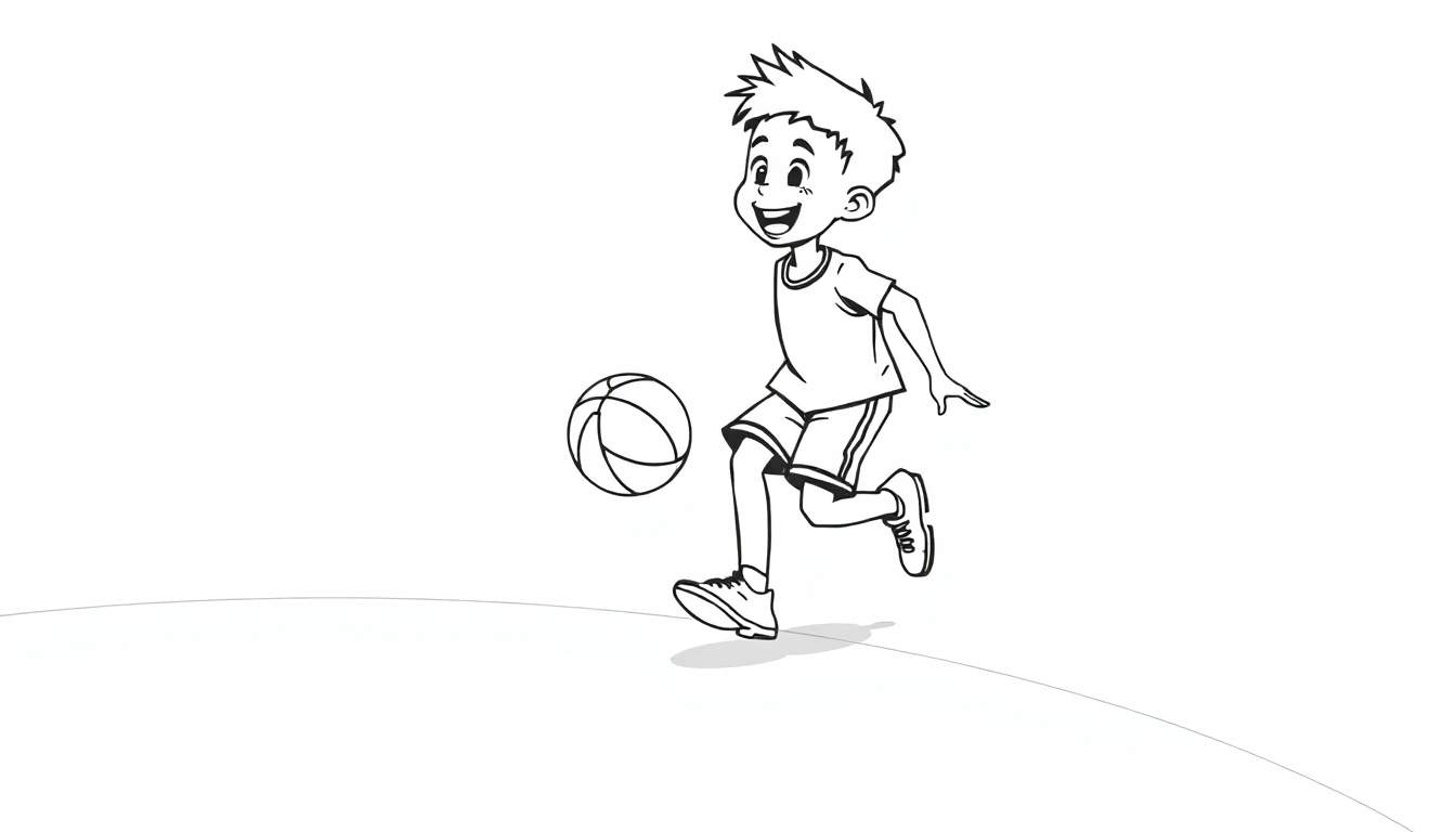 Un niño animado jugando al baloncesto en una placa de color.