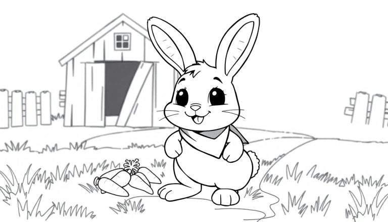 Página para colorear de un conejo de dibujos animados con zanahorias, listo para una aventura en la granja.