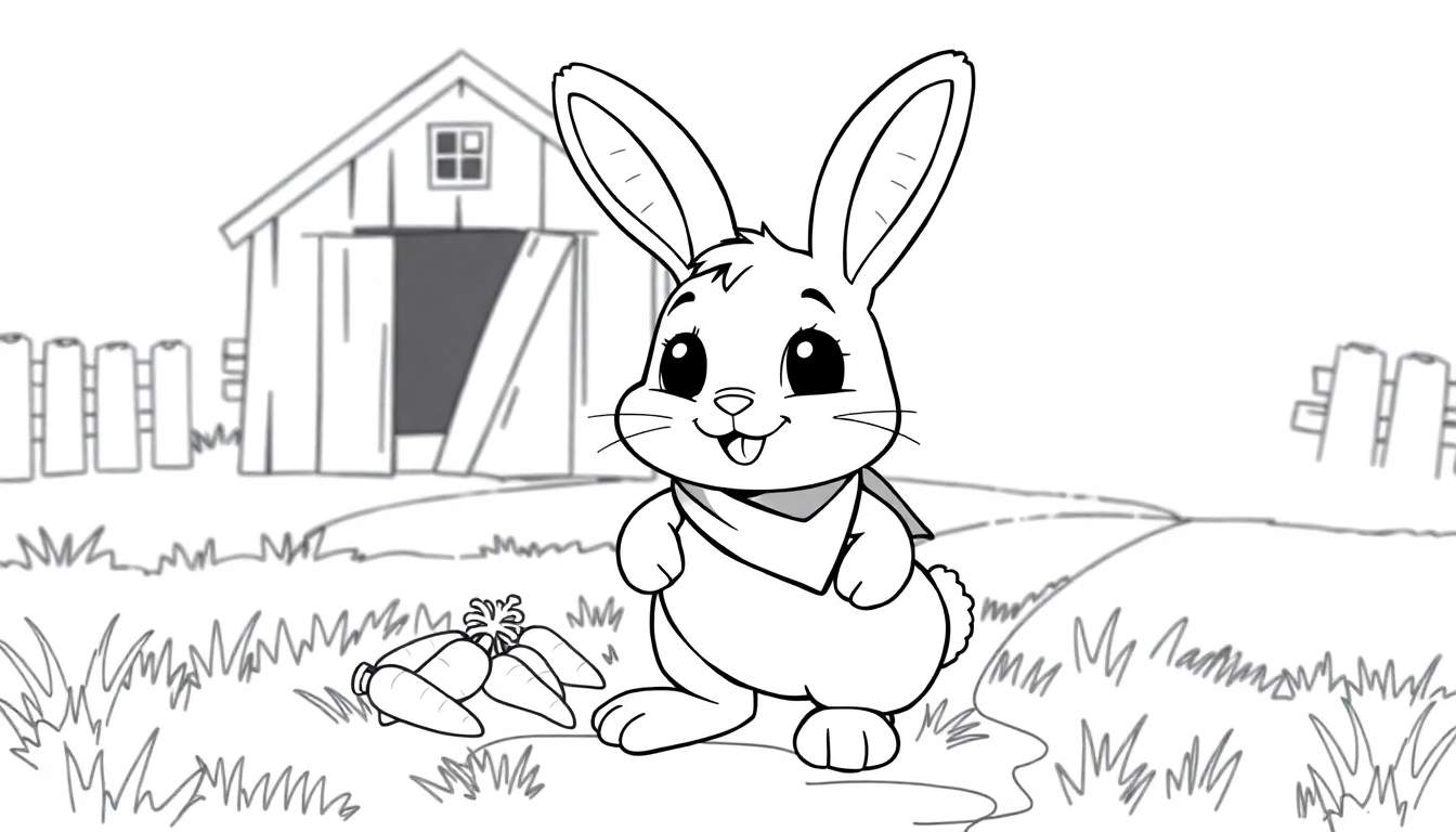 Página para colorear de un conejo de dibujos animados con zanahorias, listo para una aventura en la granja.