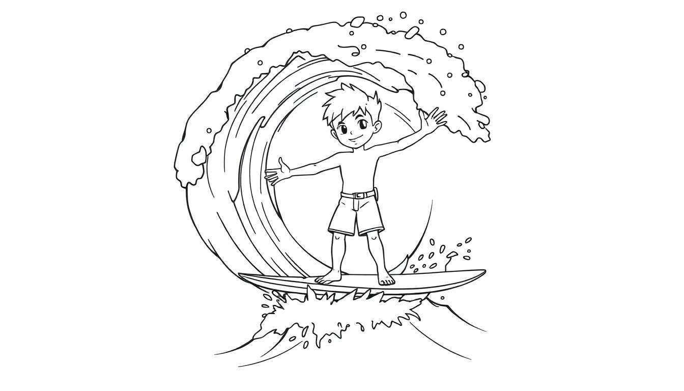 Placa de color de un niño sonriendo y haciendo surf en una ola.
