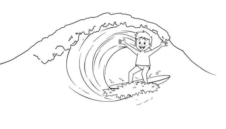 Dibujo para colorear en blanco y negro de un niño surfeando una ola gigante con una gran sonrisa, listo para añadirle color.