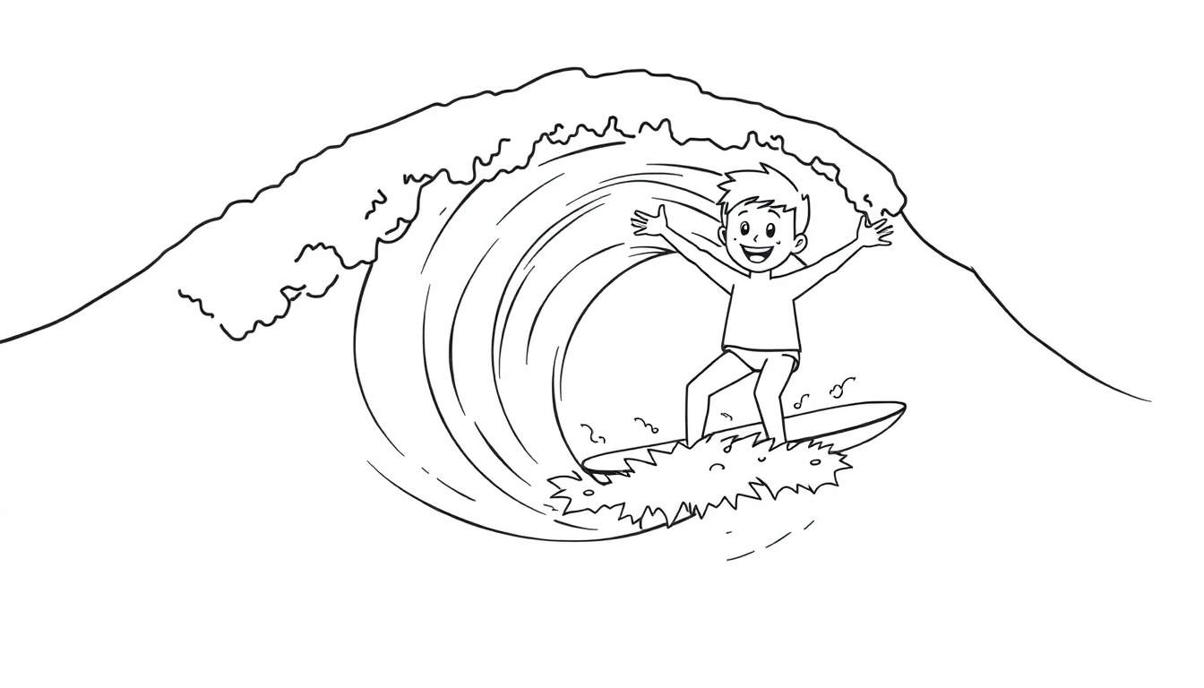 Dibujo para colorear en blanco y negro de un niño surfeando una ola gigante con una gran sonrisa, listo para añadirle color.