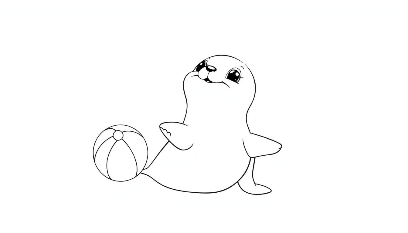 Placa de color de un bebé foca sonriendo con una pelota de playa.