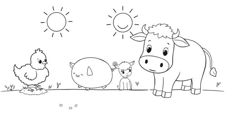 Placa de color de una granja con un pollito, una vaca y un cerdo sonriendo bajo el sol.
