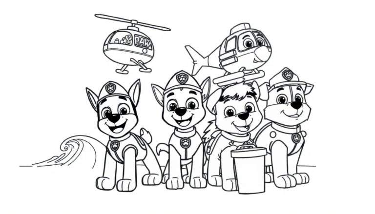 Cuatro cachorros de la Patrulla Canina listos para la acción, con una ola y helicópteros en la imagen de una placa de color.