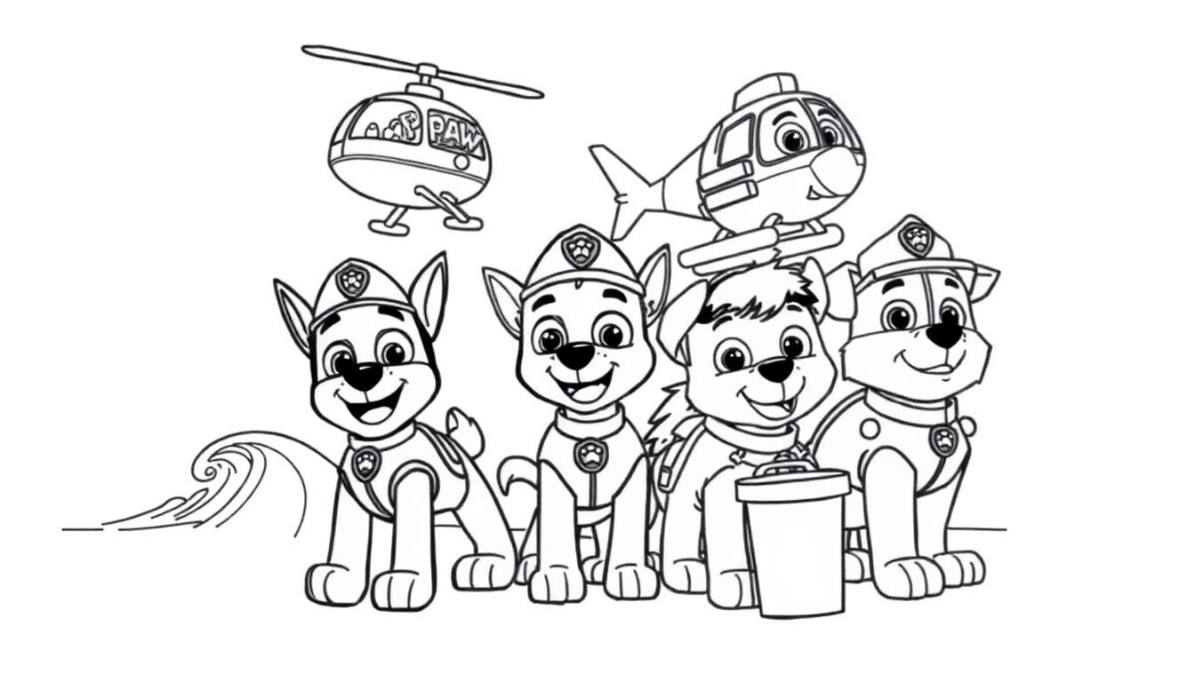 Cuatro cachorros de la Patrulla Canina listos para la acción, con una ola y helicópteros en la imagen de una placa de color.