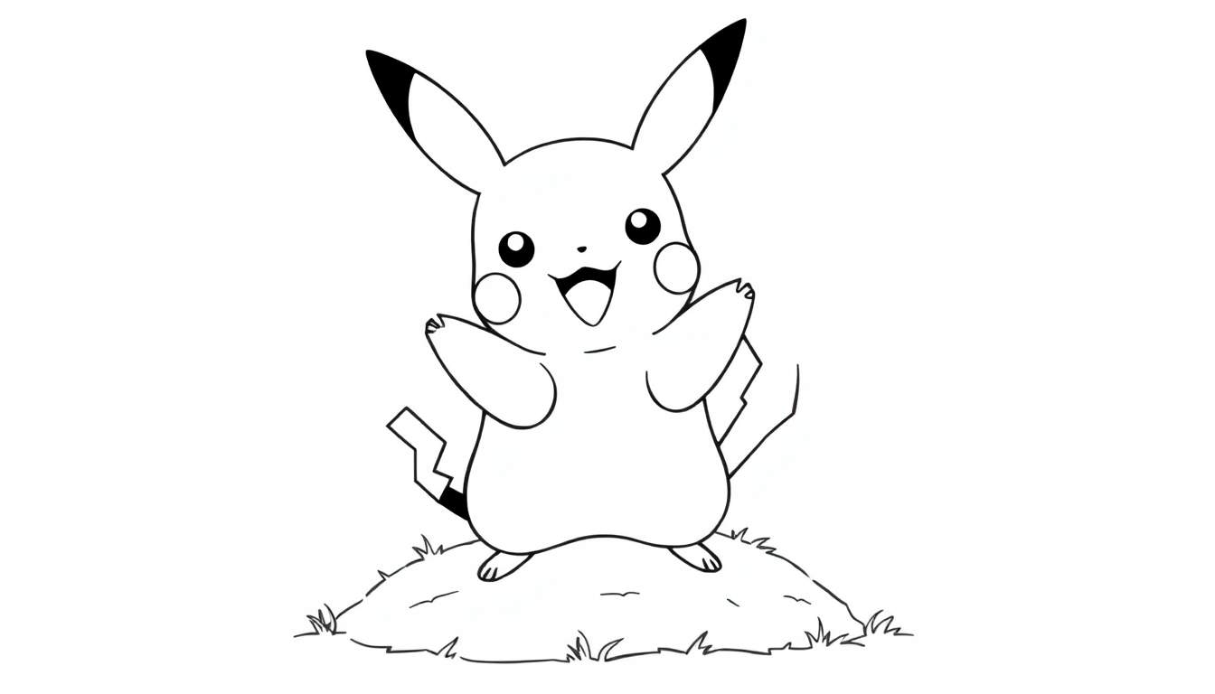 Placa de color de Pikachu saludando alegremente.