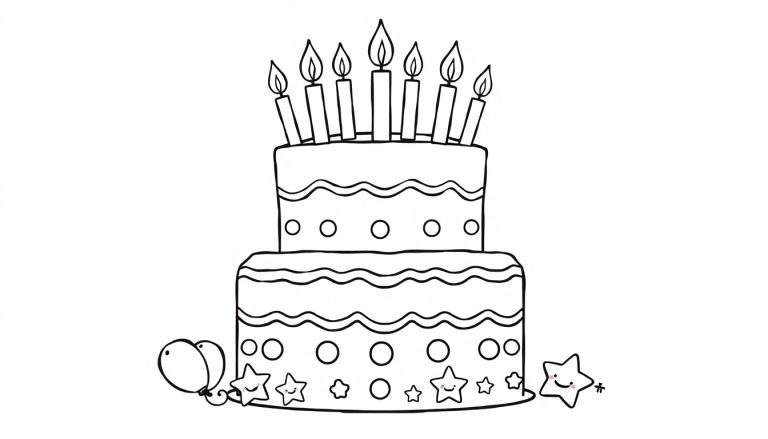 Placa de color de una tarta de cumpleaños con dos pisos, velas y caritas sonrientes.