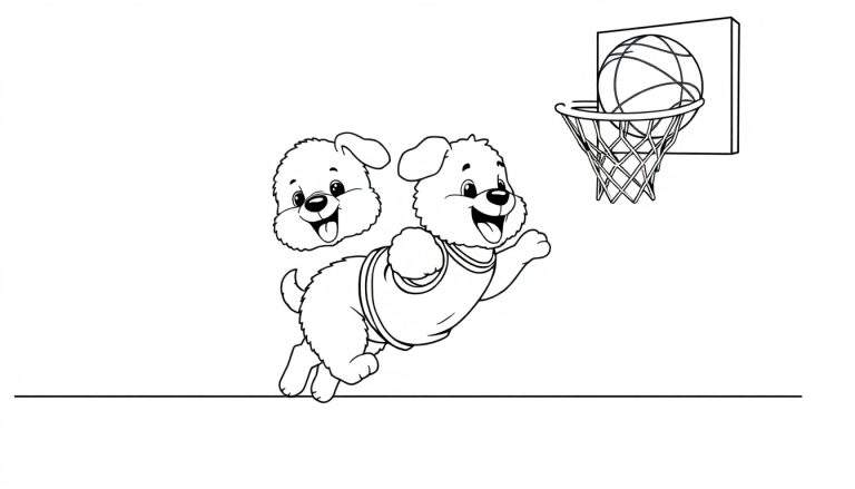 Un perrito jugador de baloncesto con una placa de color listo para jugar.